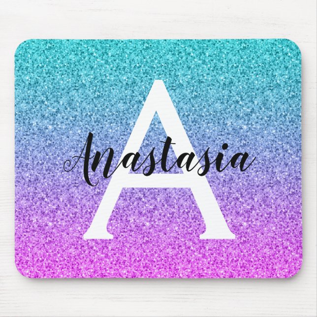 Glam Lila Aqua Glitter Gnistra Gradient Monogram Musmatta (Framsidan)