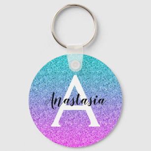 Glam Lila Aqua Glitter Gnistra Gradient Monogram Nyckelring
