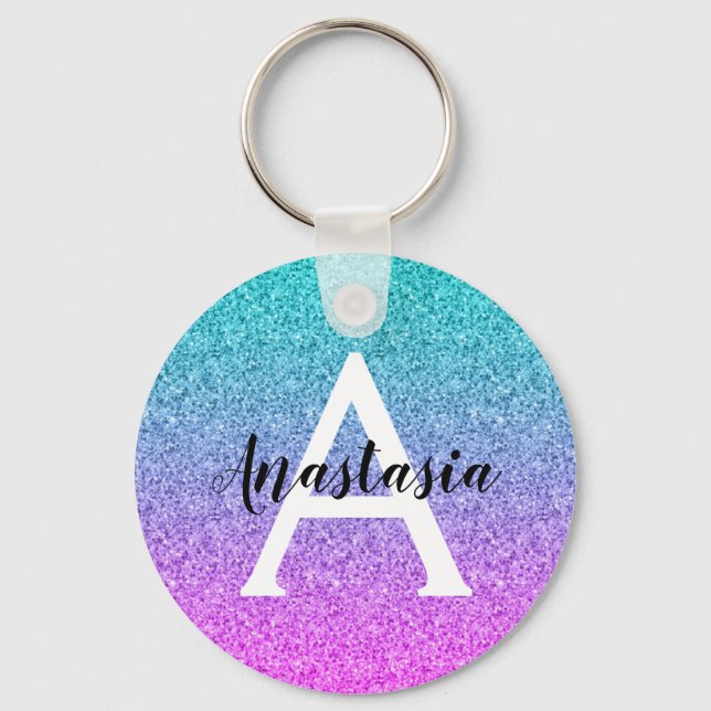Glam Lila Aqua Glitter Gnistra Gradient Monogram Nyckelring (Framsida)