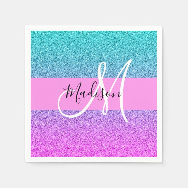 Glam Lila Aqua Glitter Gnistra Gradient Monogram Pappersservett (Framsidan)