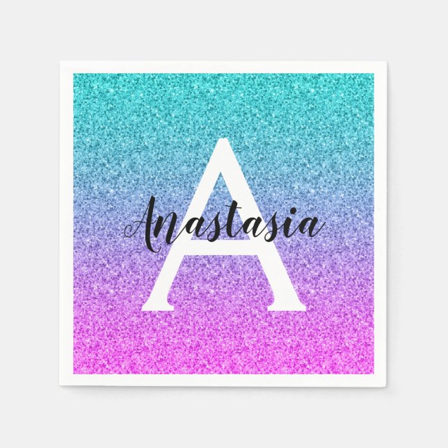 Glam Lila Aqua Glitter Gnistra Gradient Monogram Pappersservett (Framsidan)