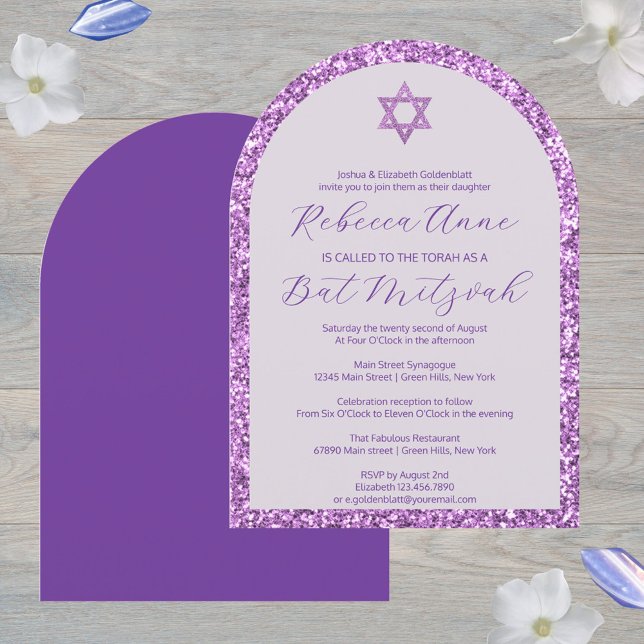 Glam Lila Arch Traditional Elegant Bat mitzvah Inbjudningar (These decorative arch Bat Mitzvah invitations in purple are easy to personalize)