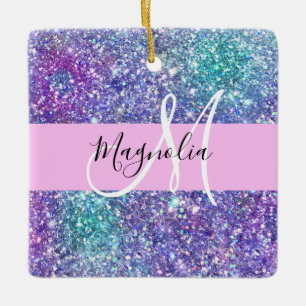 Glam Lila, Blue & Grönt Glitter Gnistra Monogram Julgransprydnad Keramik