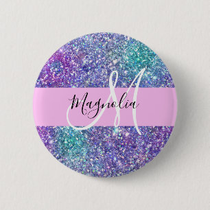 Glam Lila, Blue & Grönt Glitter Gnistra Monogram Knapp