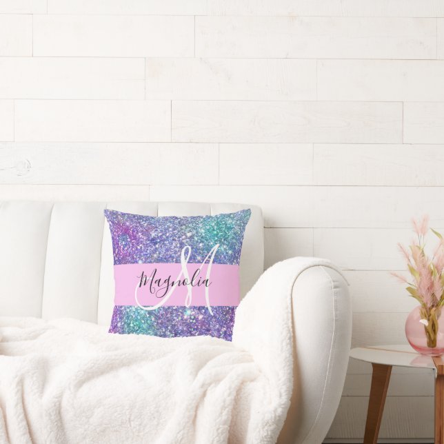 Glam Lila, Blue & Grönt Glitter Gnistra Monogram Kudde (Soffa)