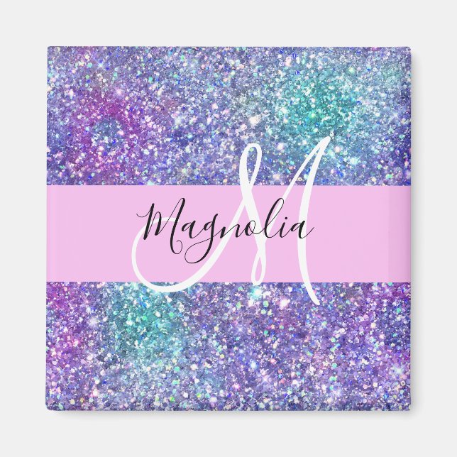Glam Lila, Blue & Grönt Glitter Gnistra Monogram Magnet (Framsidan)