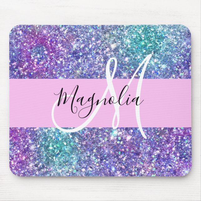 Glam Lila, Blue & Grönt Glitter Gnistra Monogram Musmatta (Framsidan)