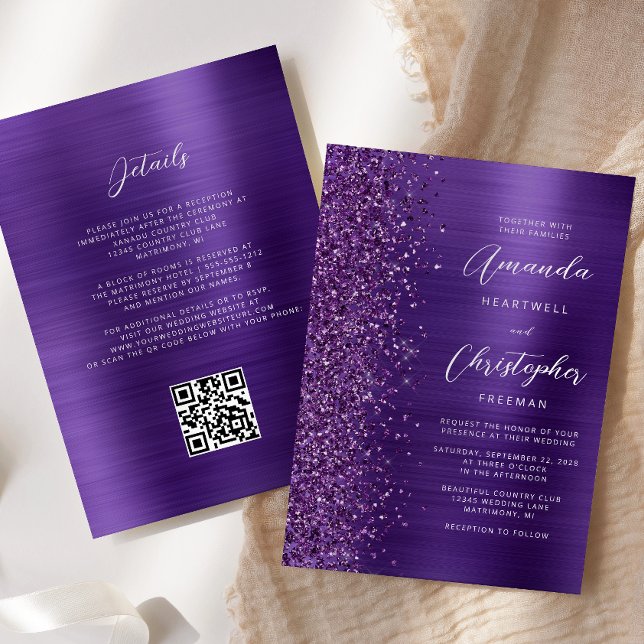 Glam Lila Borrstadsmetall QR-kod Bröllop Inbjudningar (Skapare uppladdad)