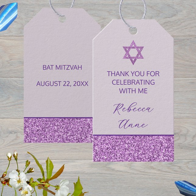 Glam Lila Cute Tack Bat mitzvah Party Presentetikett (Add your own text to these purple glam Bat Mitzvah party favor tags)