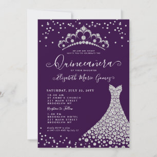 Glam Lila Diamond Gnistra Tiara Gown Quinceanera Inbjudningar
