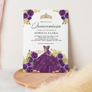Glam Lila Dress Blommigt 15th Quinceañera Inbjudningar