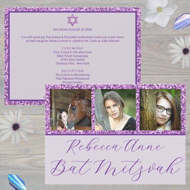 Glam Lila Elegant Script 3 Photo Bat mitzvah Inbjudningar (Add your daughter's photos to these unique purple glam Bat Mitzvah invitations)