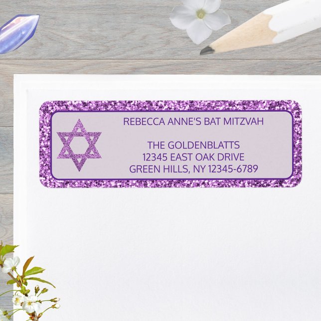 Glam Lila Elegant Star of David Bat mitzvah Returadress Etikett (These purple faux glitter Bat Mitzvah return address labels are easy to personalize)