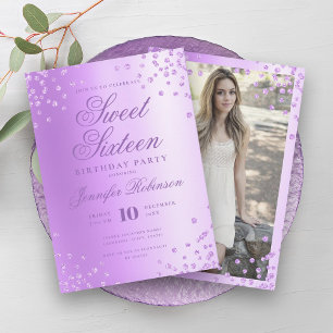 Glam Lila Foil Glitter Confetti Photo Sweet 16 Inbjudningar