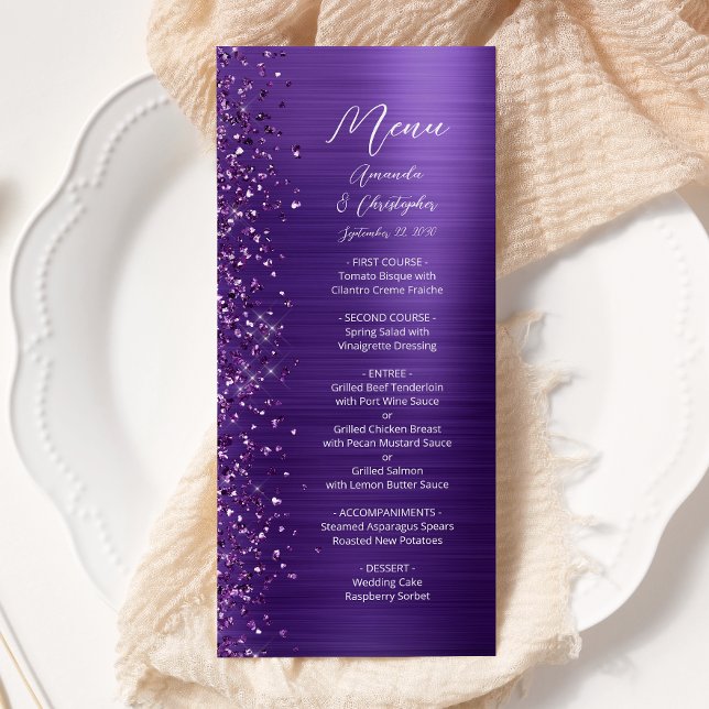 Glam Lila Glitter Borstat Metall Bröllop Meny (Skapare uppladdad)