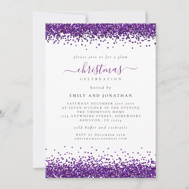 Glam Lila Glitter jul Party White Inbjudningar (Framsida)