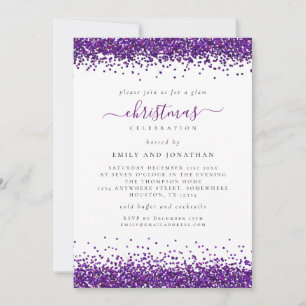 Glam Lila Glitter jul Party White Inbjudningar