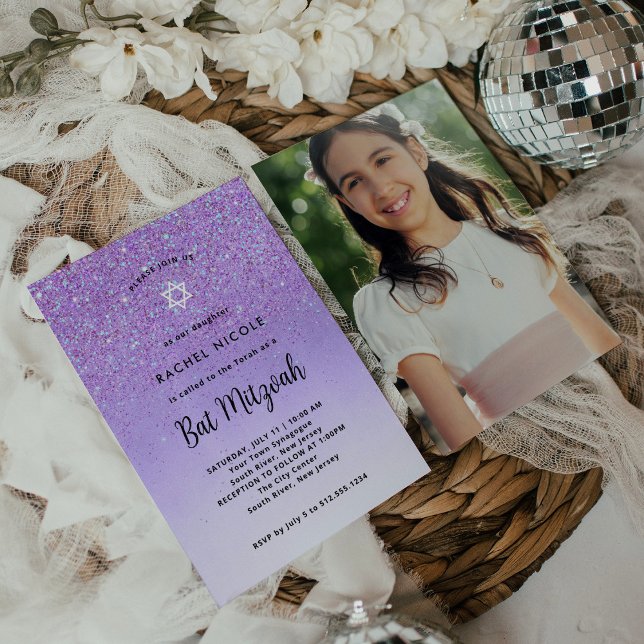 Glam Lila Glitter Se Bat mitzvah ut | Tillbaka til Inbjudningar (Skapare uppladdad)