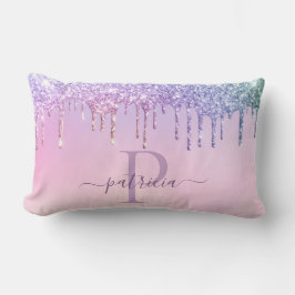 Glam Lila Glitterdropar Elegant Monogram Ländkudd Lumbarkudde