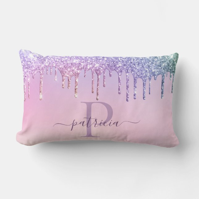 Glam Lila Glitterdropar Elegant Monogram  Ländkudd Lumbarkudde (Framsida)