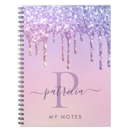 Glam Lila Glitterdroppar Elegant Monogram Anteckni Anteckningsbok
