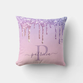 Glam Lila Glitterdroppar Elegant Monogram Kastfil Kudde
