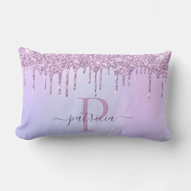 Glam Lila Glitterdroppar Elegant Monogram  Lumbarkudde (Framsida)