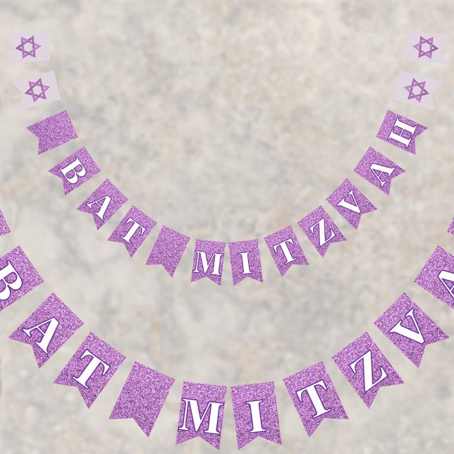 Glam Lila Gnistra Girl Chic Elegant Bat mitzvah Vimplar (Add these purple faux glitter bunting flags to your Bat Mitzvah party decorations for extra fun)