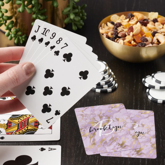 Glam lila guld marmorerad scriptmonogram  casinokort (På plats)