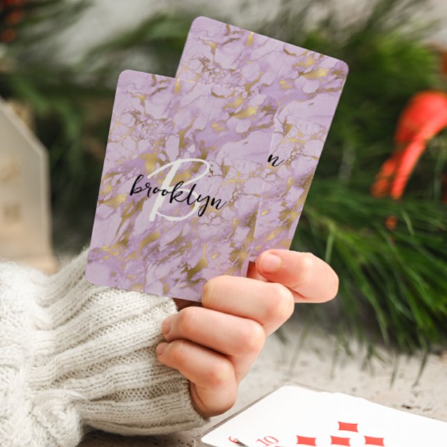 Glam lila guld marmorerad scriptmonogram  casinokort (Skapare uppladdad)