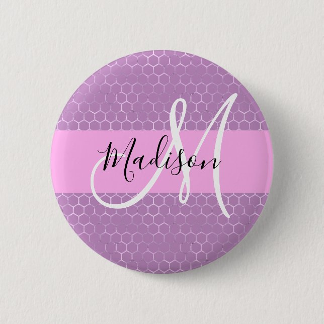 Glam Lila Metallisk Rosa Bikakemönster Monogram Na Knapp (Framsida)