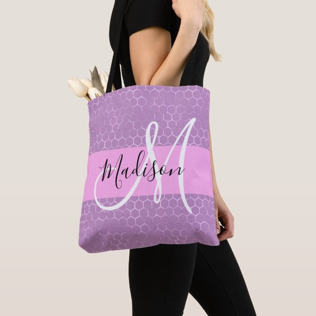 Glam Lila Metallisk Rosa Bikakemönster Monogram Na Tygkasse (Närbild)