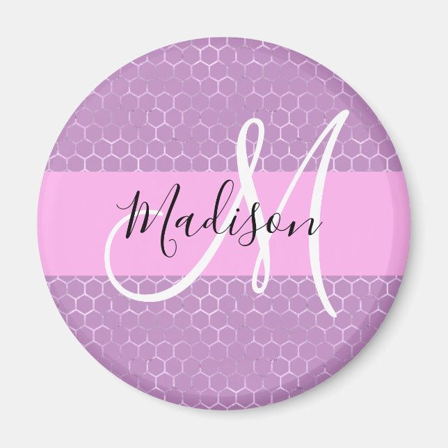 Glam lila metallisk rosa bikakemönster monogramnam magnet (Framsidan)
