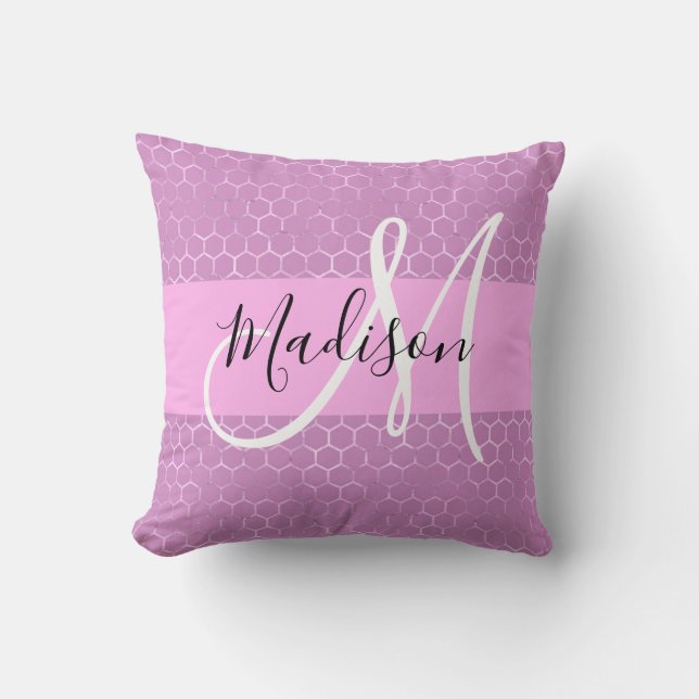 Glam Lila Metallisk Rosa Bikupa Monogram Namn Kudde (Framsida)