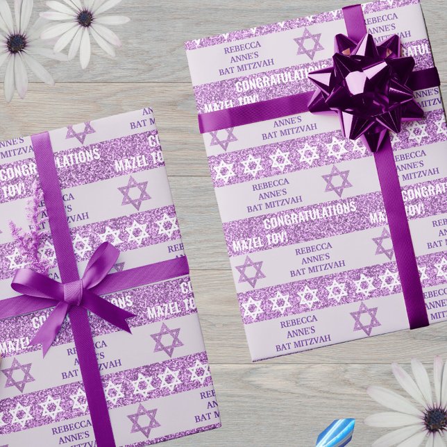 Glam Lila Personlig Jewish Girl Bat mitzvah Presentpapper (Special gift wrap for that special girl and her Bat Mitzvah gift)