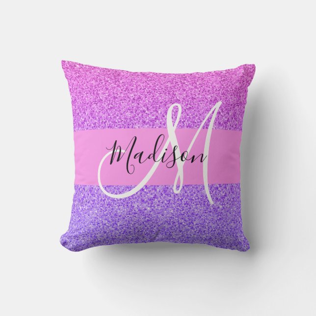 Glam Lila Rosa Glitter Gnistra  Gradient Monogram Kudde (Framsida)