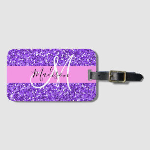 Glam Lila & Rosa Glitter Gnistra Monogram Namn Bagagebricka
