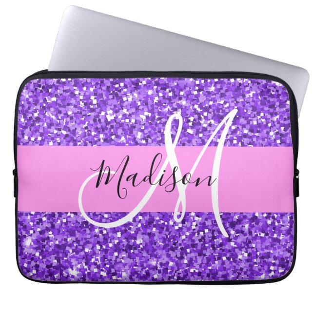 Glam Lila & Rosa Glitter Gnistra Monogram Namn Laptop Fodral (Framsidan)