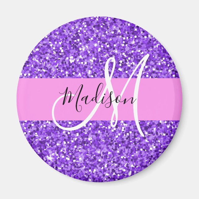 Glam Lila & Rosa Glitter Gnistra Monogram Namn Magnet (Framsidan)