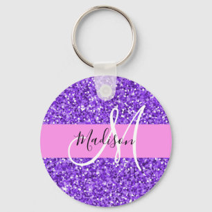 Glam Lila & Rosa Glitter Gnistra Monogram Namn Nyckelring