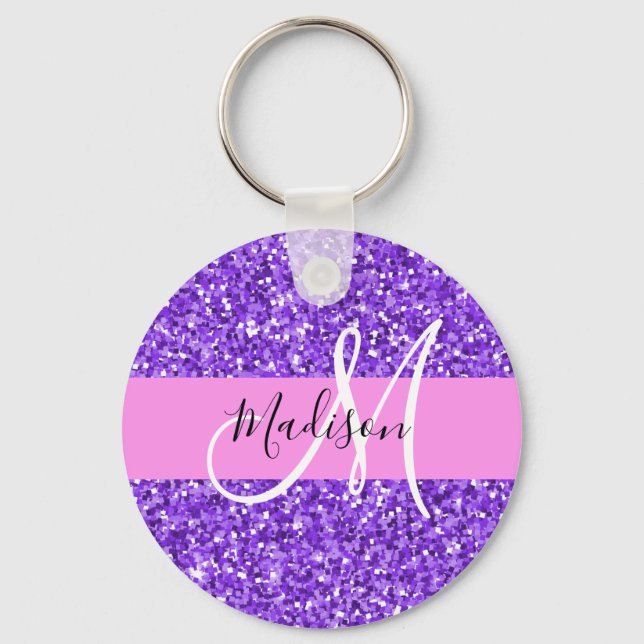 Glam Lila & Rosa Glitter Gnistra Monogram Namn Nyckelring (Framsida)