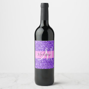 Glam Lila & Rosa Glitter Gnistra Monogram Namn Vinflaska Etikett