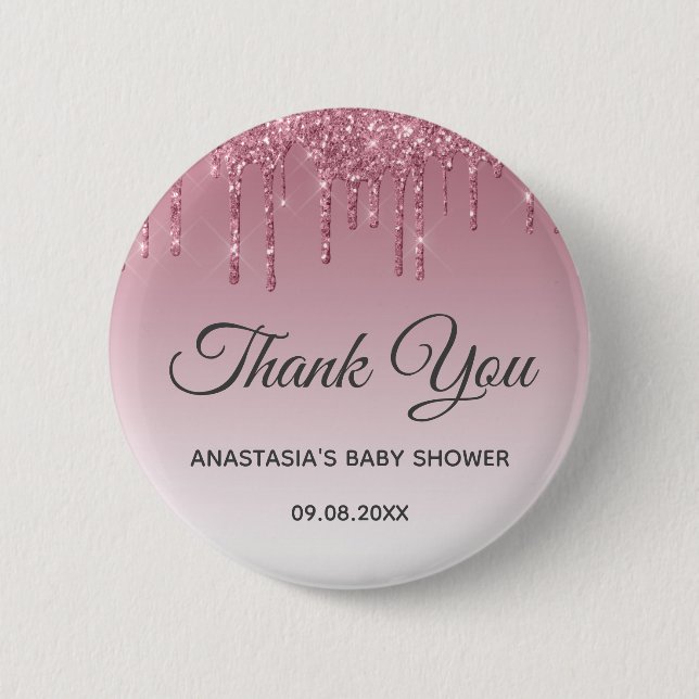 Glam Lila Rosa ros Guld Tack Baby Shower Knapp (Framsida)