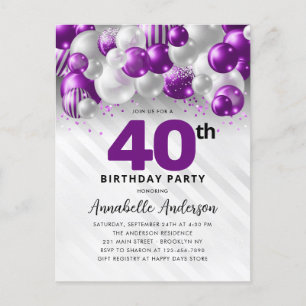 Glam Lila Silver Balloon Glitter 40:e födelsedagen Vykort
