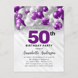 Glam Lila Silver Balloon Glitter 50:e födelsedagen Vykort