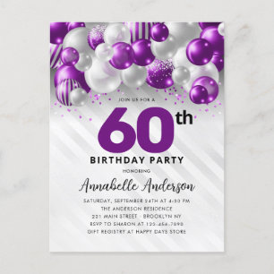 Glam Lila Silver Balloon Glitter 60:e födelsedagen Vykort