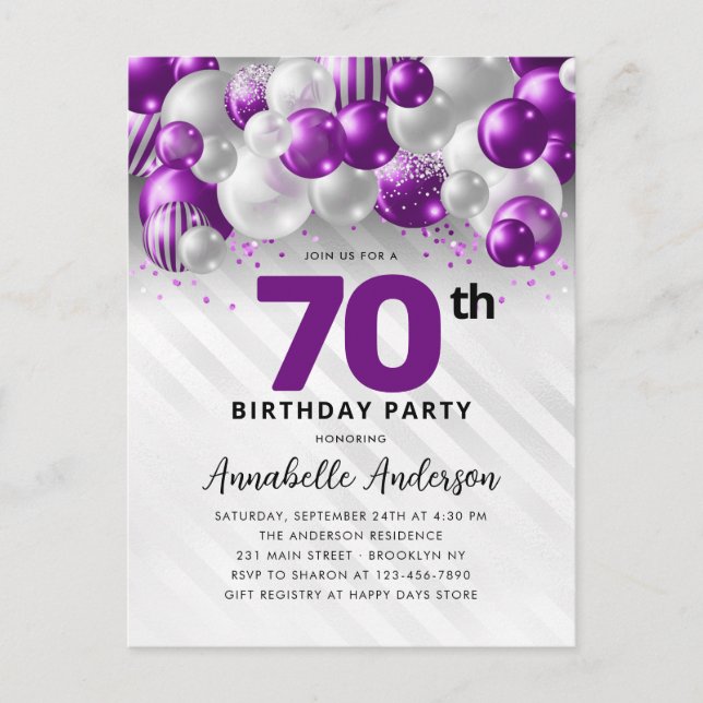 Glam Lila Silver Balloon Glitter 70:e födelsedagen Vykort (Framsida)