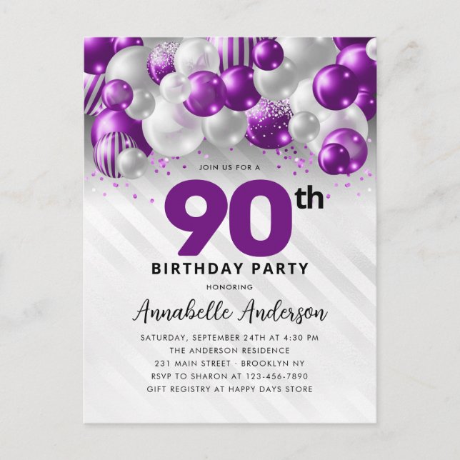 Glam Lila Silver Balloon Glitter 90:e födelsedag Vykort (Framsida)