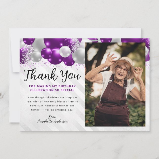 Glam Lila Silver Balloon Glitter Photo Birthday Tack Kort (Framsida)