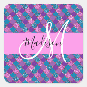 Glam Lila Sjöjungfru Glitter Sparkles Monogram Nam Fyrkantigt Klistermärke